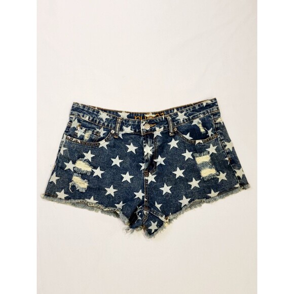 Rue21 Womens 9/10 Denim Cutoff Jean Shorts Stars Distressed Raw Hem Patriotic - Picture 1 of 12